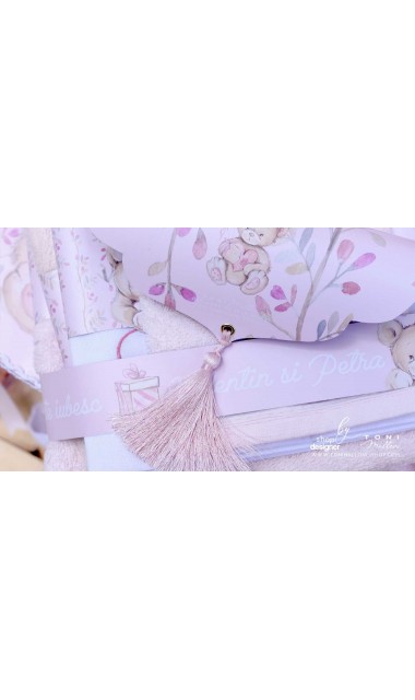 Trusou botez cu ursuleti roz si broderie personalizata Teddy Bear Pink 6